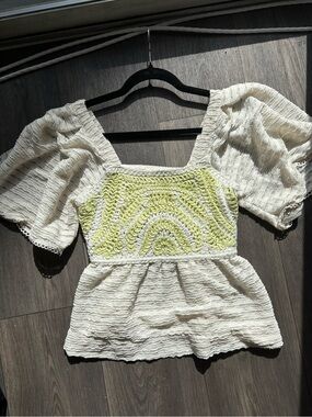 Cream Puff-Sleeve Blouse with Yellow Embroidered Yoke
